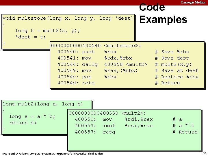 Carnegie Mellon Code Examples void multstore(long x, long y, long *dest) { long t