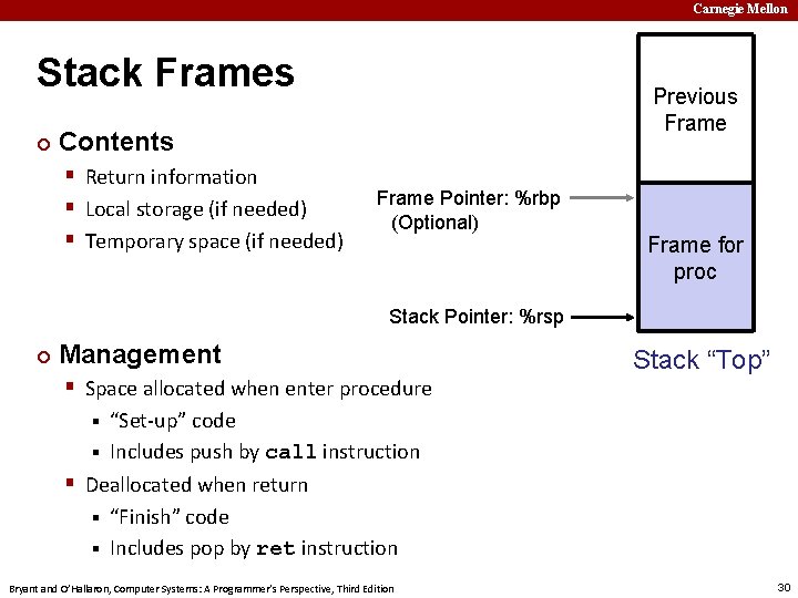 Carnegie Mellon Stack Frames ¢ Previous Frame Contents § Return information § Local storage