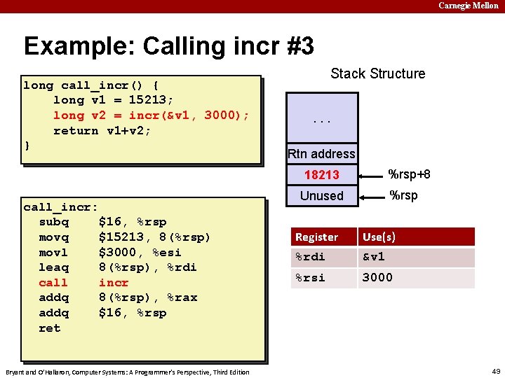 Carnegie Mellon Example: Calling incr #3 long call_incr() { long v 1 = 15213;