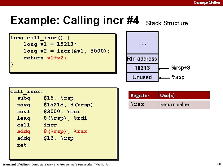 Carnegie Mellon Example: Calling incr #4 long call_incr() { long v 1 = 15213;