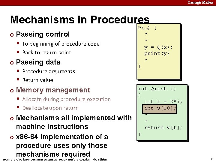 Carnegie Mellon Mechanisms in Procedures ¢ Passing control § To beginning of procedure code