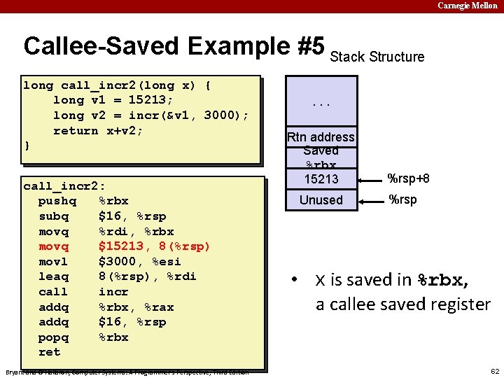 Carnegie Mellon Callee-Saved Example #5 Stack Structure long call_incr 2(long x) { long v