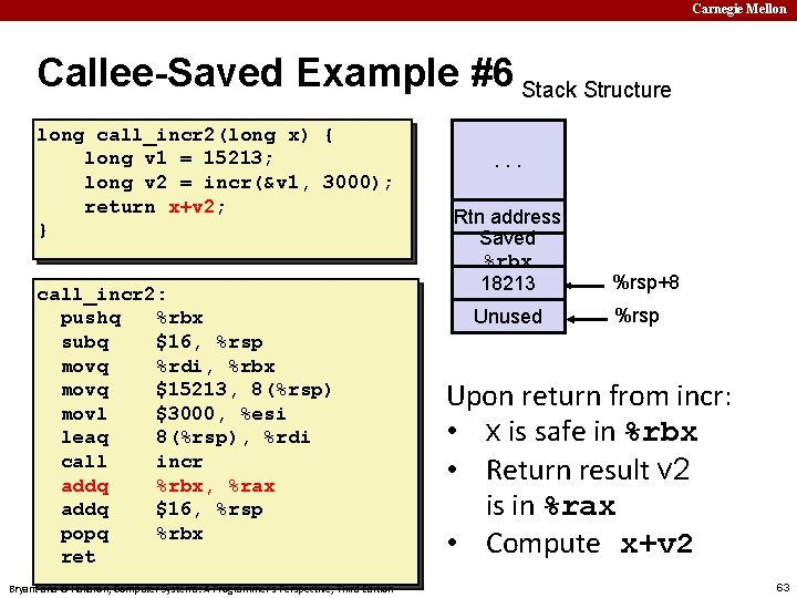 Carnegie Mellon Callee-Saved Example #6 Stack Structure long call_incr 2(long x) { long v