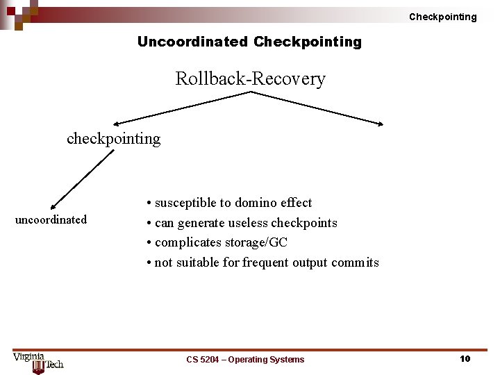 Checkpointing Uncoordinated Checkpointing Rollback Recovery checkpointing uncoordinated • susceptible to domino effect • can