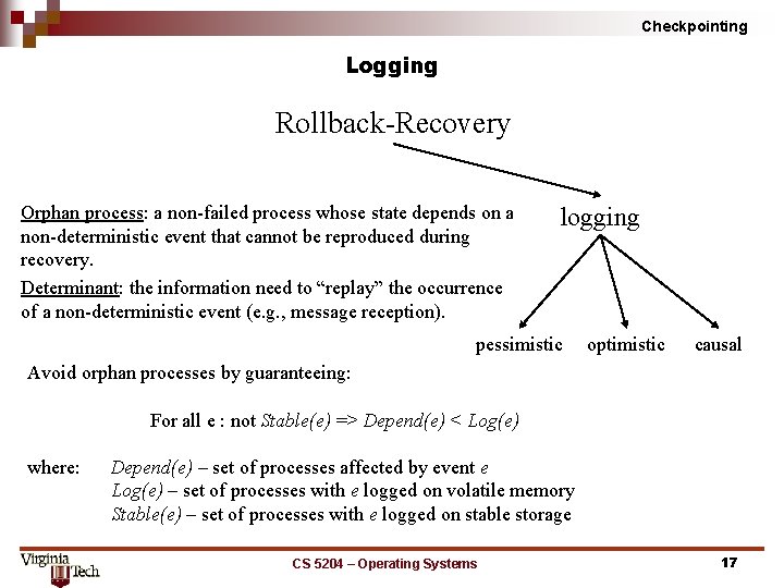 Checkpointing Logging Rollback Recovery Orphan process: a non failed process whose state depends on