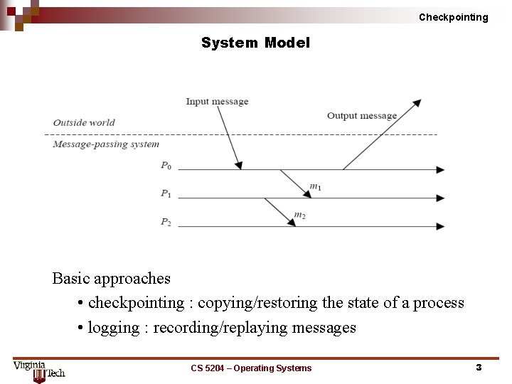 Checkpointing System Model Basic approaches • checkpointing : copying/restoring the state of a process