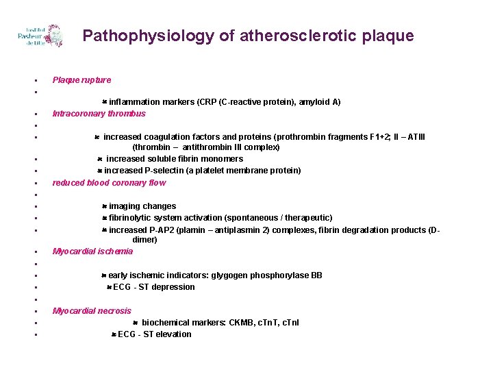Pathophysiology of atherosclerotic plaque § Plaque rupture § § inflammation markers (CRP (C-reactive protein),