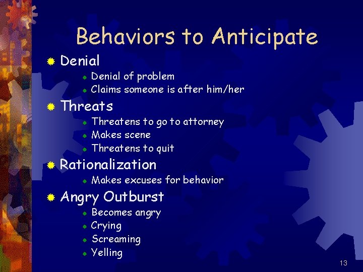 Behaviors to Anticipate ® Denial ® ® Denial of problem Claims someone is after