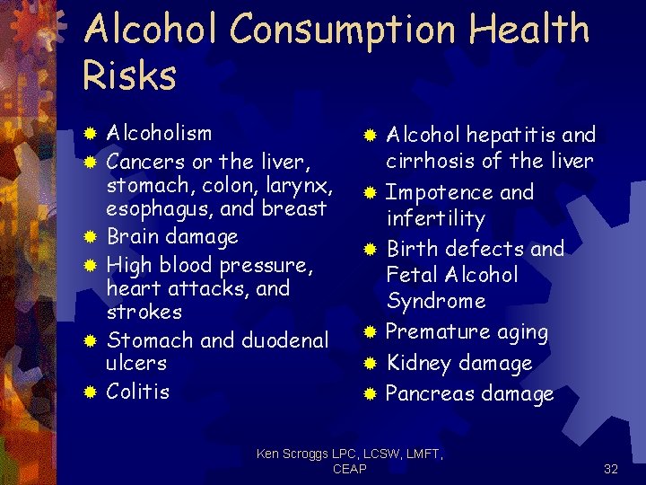 Alcohol Consumption Health Risks ® ® ® Alcoholism Cancers or the liver, stomach, colon,