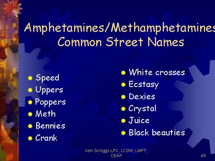 Amphetamines/Methamphetamines Common Street Names ® Speed ® Uppers ® Poppers ® Meth ® Bennies