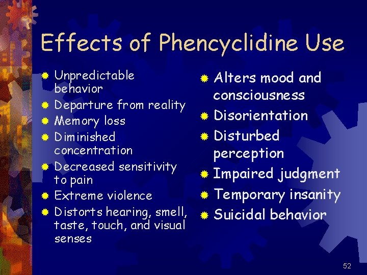 Effects of Phencyclidine Use ® ® ® ® Unpredictable behavior Departure from reality Memory