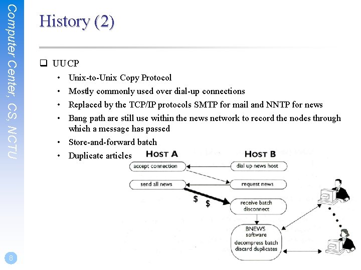 Computer Center, CS, NCTU 8 History (2) q UUCP • • Unix-to-Unix Copy Protocol