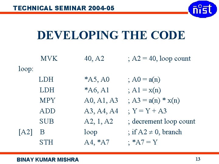 TECHNICAL SEMINAR 2004 -05 DEVELOPING THE CODE MVK 40, A 2 ; A 2