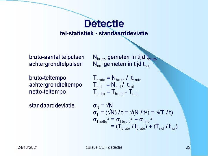 Detectie tel-statistiek - standaarddeviatie bruto-aantal telpulsen achtergrondtelpulsen Nbruto gemeten in tijd tbruto Nnul gemeten