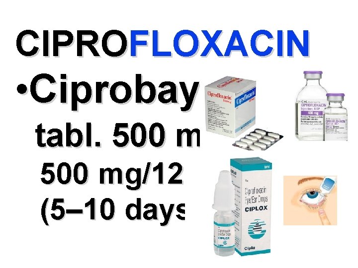 CIPROFLOXACIN ® • Ciprobay tabl. 500 mg/12 h (5– 10 days) 