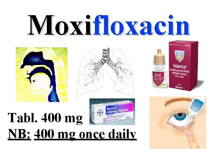 Moxifloxacin Tabl. 400 mg NB: 400 mg once daily 