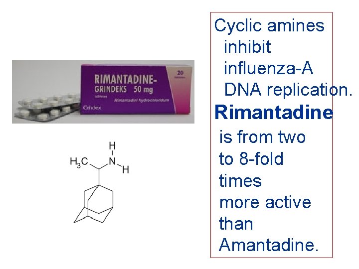 Cyclic amines inhibit influenza-A DNA replication. Rimantadine is from two to 8 -fold times