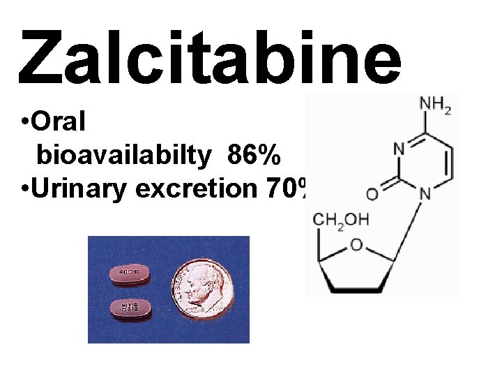 Zalcitabine • Oral bioavailabilty 86% • Urinary excretion 70% 