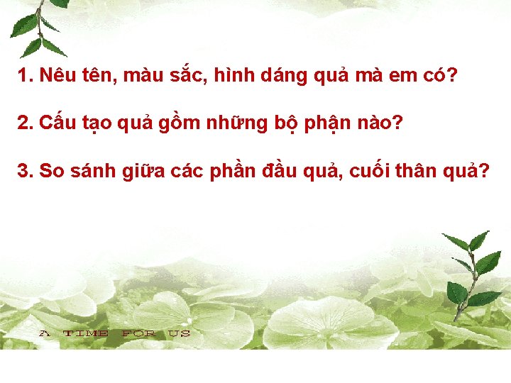 1. Nêu tên, màu sắc, hình dáng quả mà em có? 2. Cấu tạo