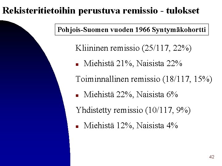 Rekisteritietoihin perustuva remissio - tulokset Pohjois-Suomen vuoden 1966 Syntymäkohortti Kliininen remissio (25/117, 22%) n