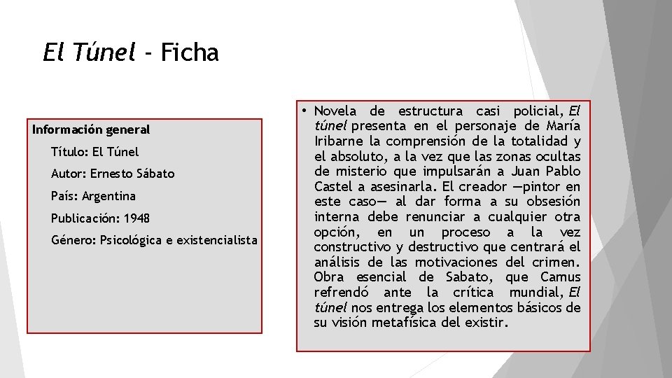 El Túnel - Ficha Información general Título: El Túnel Autor: Ernesto Sábato País: Argentina