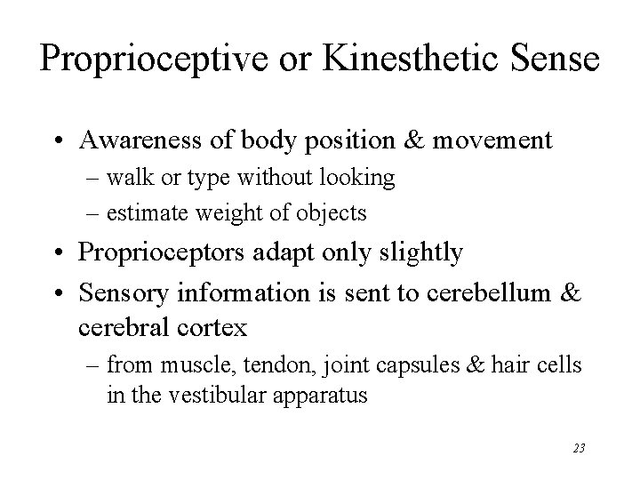 Proprioceptive or Kinesthetic Sense • Awareness of body position & movement – walk or