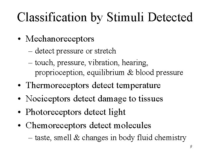 Classification by Stimuli Detected • Mechanoreceptors – detect pressure or stretch – touch, pressure,