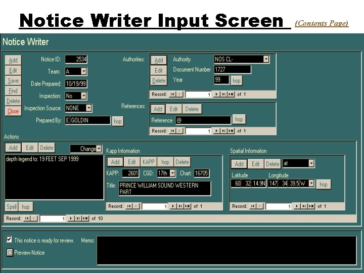Notice Writer Input Screen (Contents Page) 