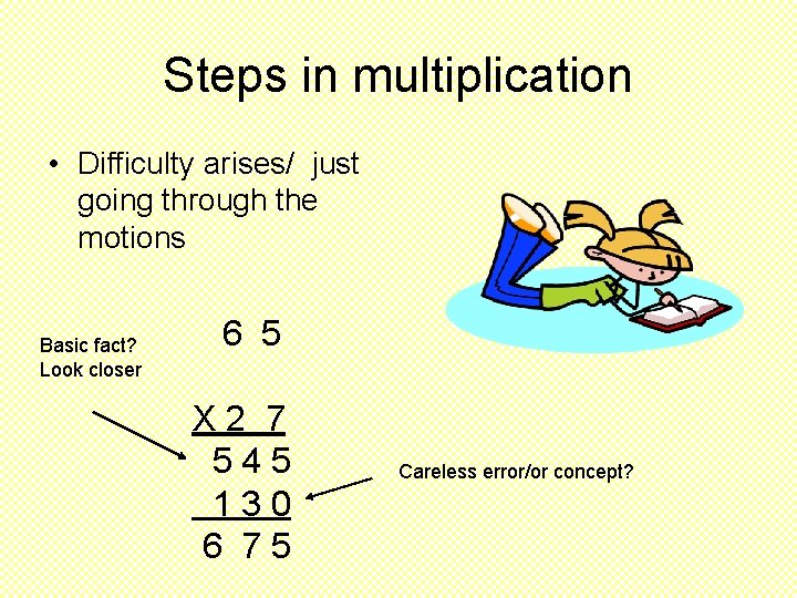 Steps in multiplication • Difficulty arises/ just going through the motions Basic fact? Look