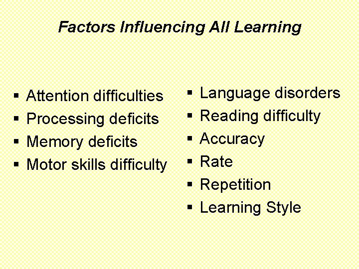 Factors Influencing All Learning § § Attention difficulties Processing deficits Memory deficits Motor skills