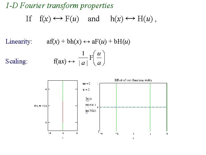 1 -D Fourier transform properties If Linearity: Scaling: f(x) ↔ F(u) and h(x) ↔ 1 -D Fourier transform properties If Linearity: Scaling: f(x) ↔ F(u) and h(x) ↔