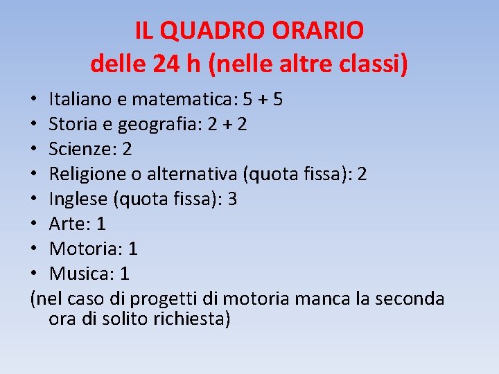 IL QUADRO ORARIO delle 24 h (nelle altre classi) • Italiano e matematica: 5