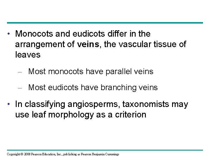  • Monocots and eudicots differ in the arrangement of veins, the vascular tissue