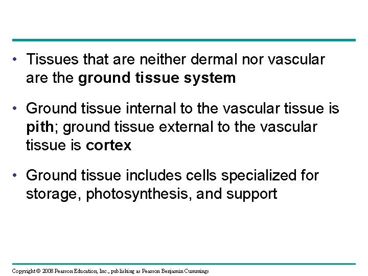  • Tissues that are neither dermal nor vascular are the ground tissue system