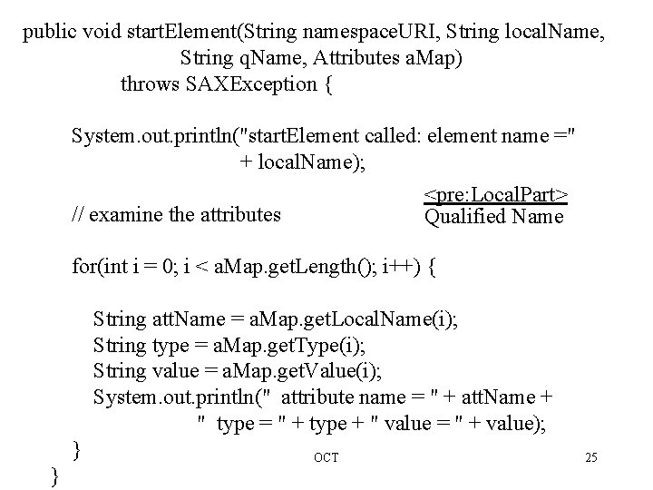 public void start. Element(String namespace. URI, String local. Name, String q. Name, Attributes a.