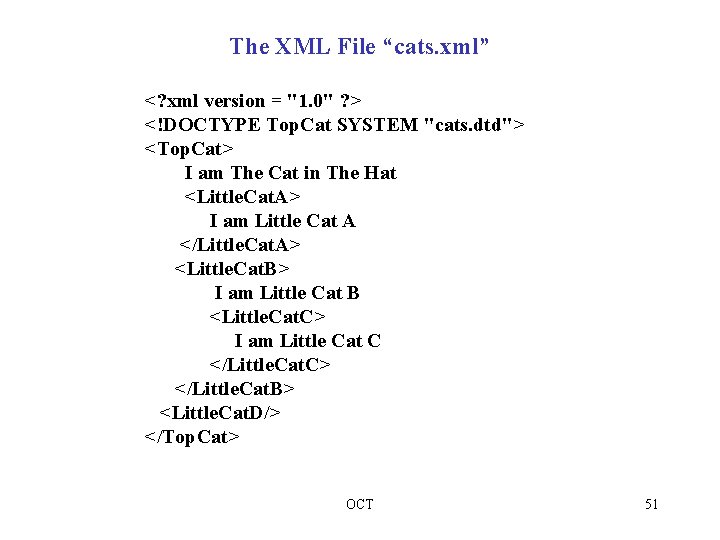 The XML File “cats. xml” <? xml version = "1. 0" ? > <!DOCTYPE