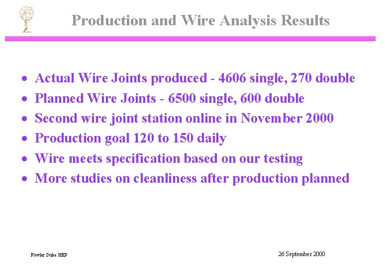 Production and Wire Analysis Results · · · Actual Wire Joints produced - 4606