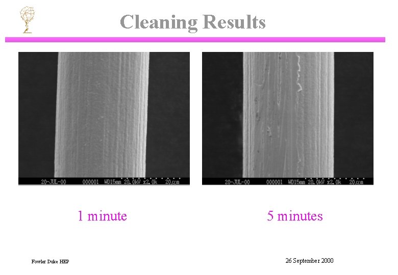 Cleaning Results 1 minute Fowler Duke HEP 5 minutes 26 September 2000 