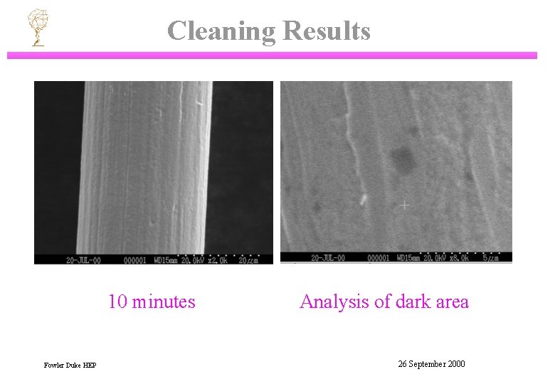 Cleaning Results 10 minutes Fowler Duke HEP Analysis of dark area 26 September 2000