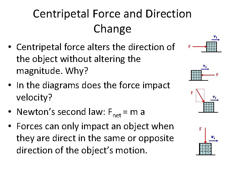 Centripetal Force and Direction Change • Centripetal force alters the direction of the object