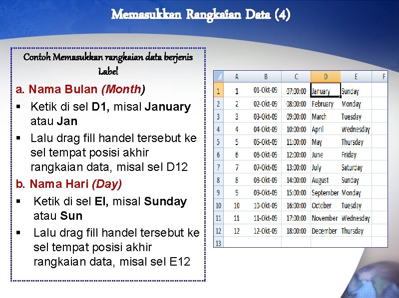 Memasukkan Rangkaian Data (4) Contoh Memasukkan rangkaian data berjenis Label a. Nama Bulan (Month)