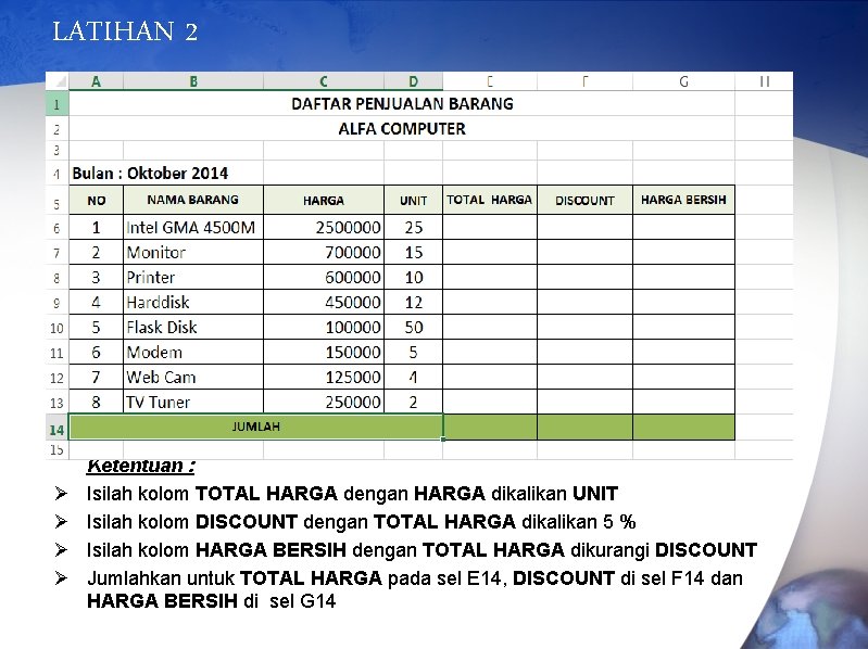 LATIHAN 2 Ø Ø Ketentuan : Isilah kolom TOTAL HARGA dengan HARGA dikalikan UNIT