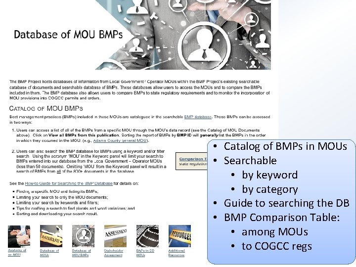  • Catalog of BMPs in MOUs • Searchable • by keyword • by