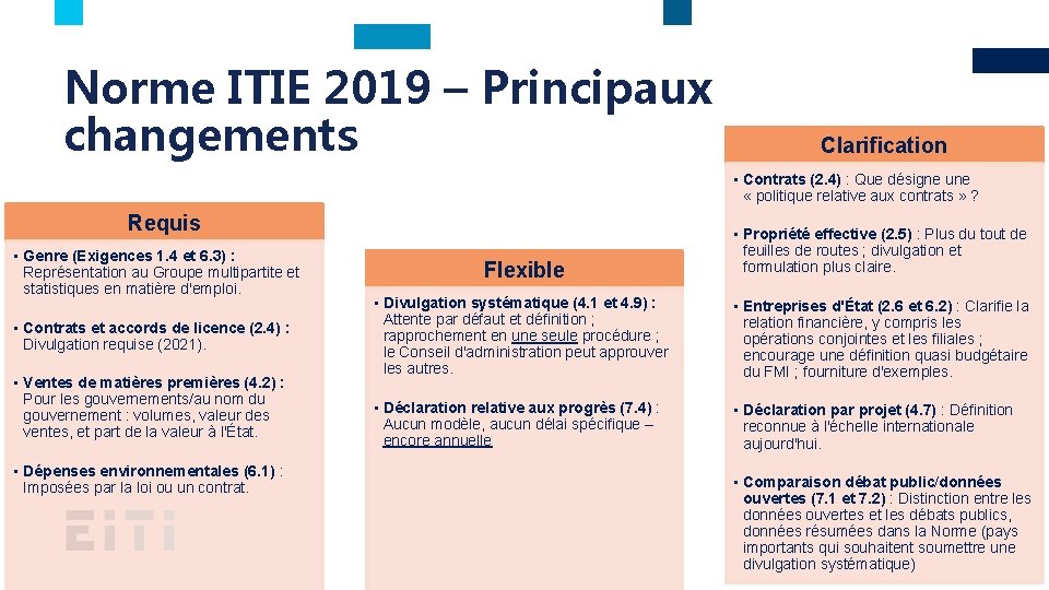 Norme ITIE 2019 – Principaux changements Clarification • Contrats (2. 4) : Que désigne