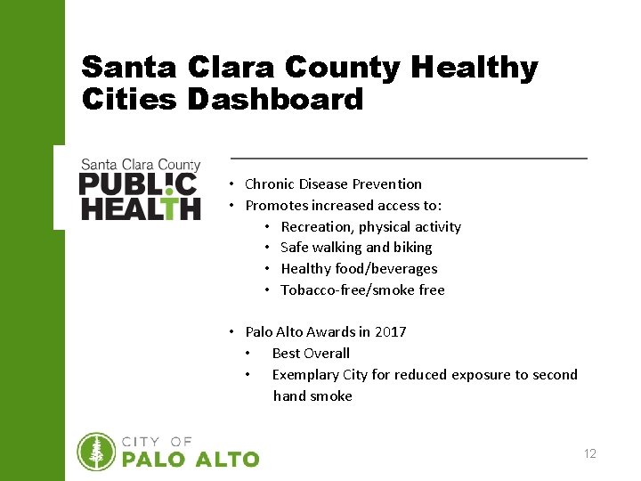 Santa Clara County Healthy Cities Dashboard • Chronic Disease Prevention • Promotes increased access