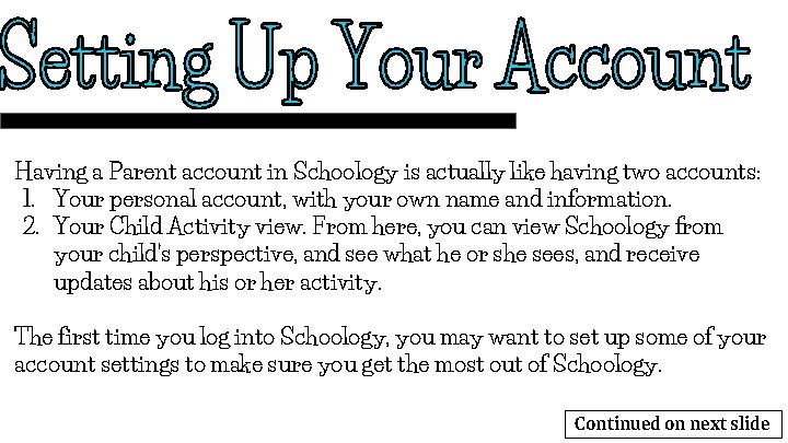 Having a Parent account in Schoology is actually like having two accounts: 1. Your