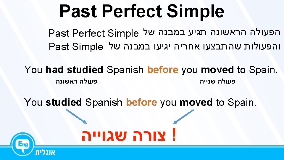 Past Perfect Simple הפעולה הראשונה תגיע במבנה של Past Simple והפעולות שהתבצעו אחריה יגיעו