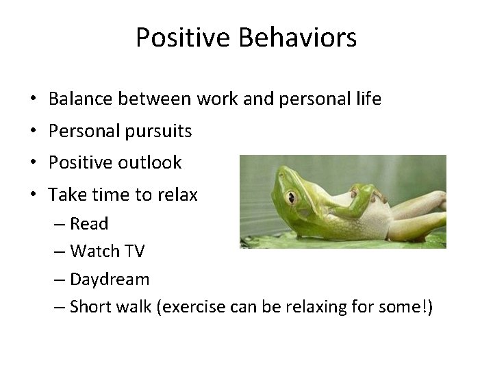 Positive Behaviors • Balance between work and personal life • Personal pursuits • Positive