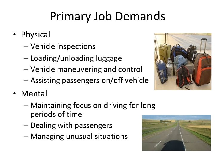 Primary Job Demands • Physical – Vehicle inspections – Loading/unloading luggage – Vehicle maneuvering