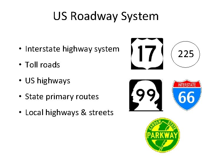 US Roadway System • Interstate highway system • Toll roads • US highways •